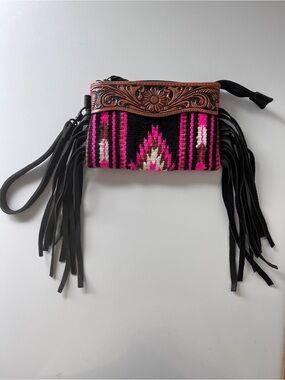 American Darling Tooled Leather Fringe Southwestern Wristlet Clutch